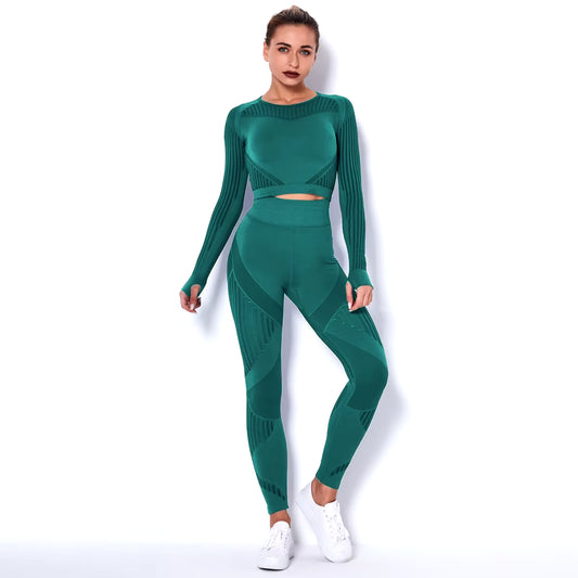 Hollow Out Seamless Yoga Set Sport Outfits Women Black Two 2 Piece Crop Top Bra Leggings Workout Gym Suit Fitness Sport Sets